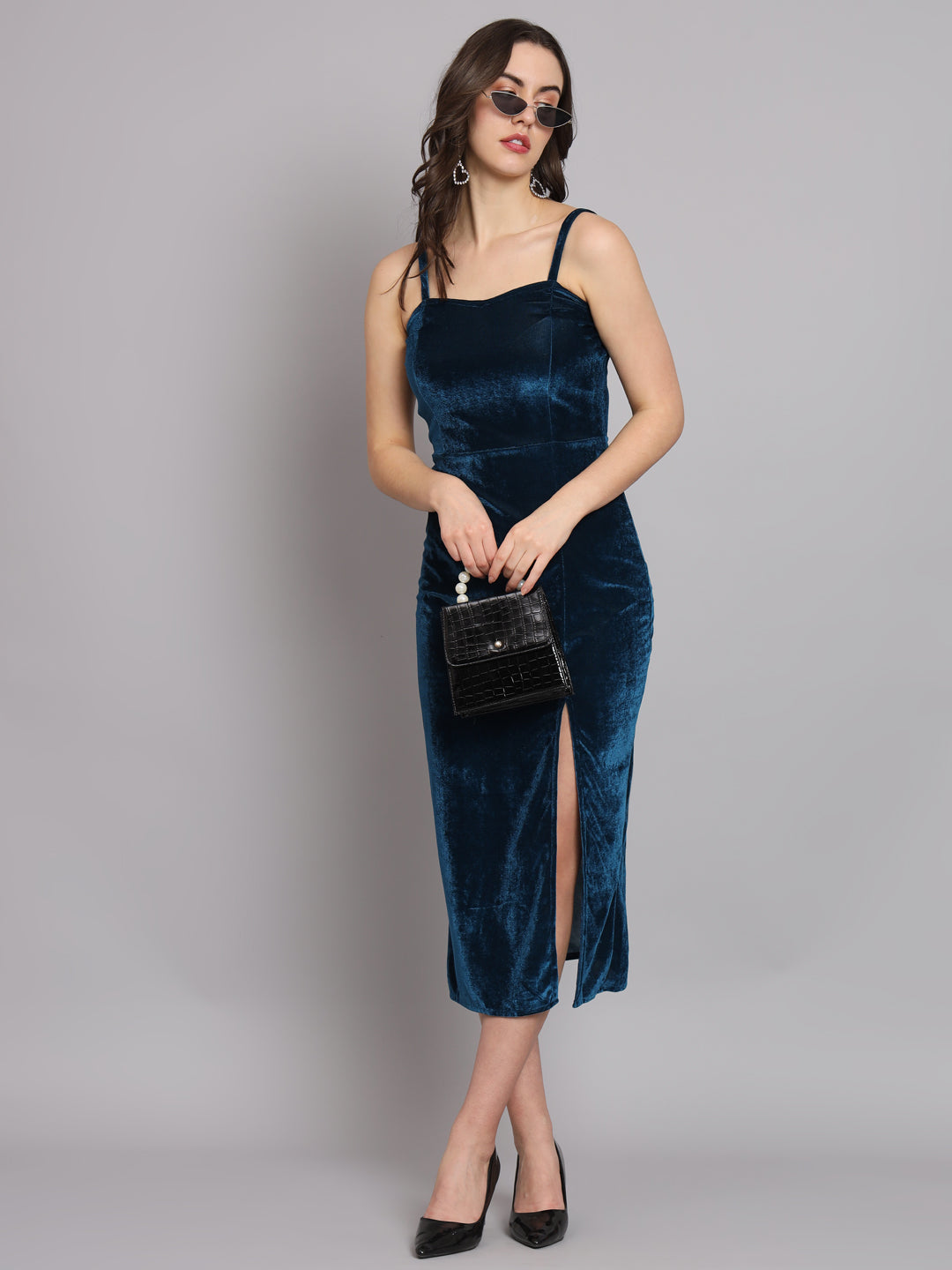 Maxi Sleeveless Velvet Square Neck Bodycon Dress Peacock Blue