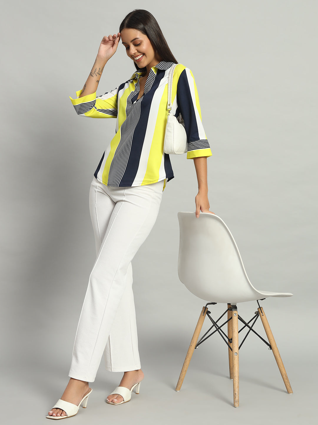 Crepe V-Neck Collared Quarter Sleeves Tops Lemon Yellow