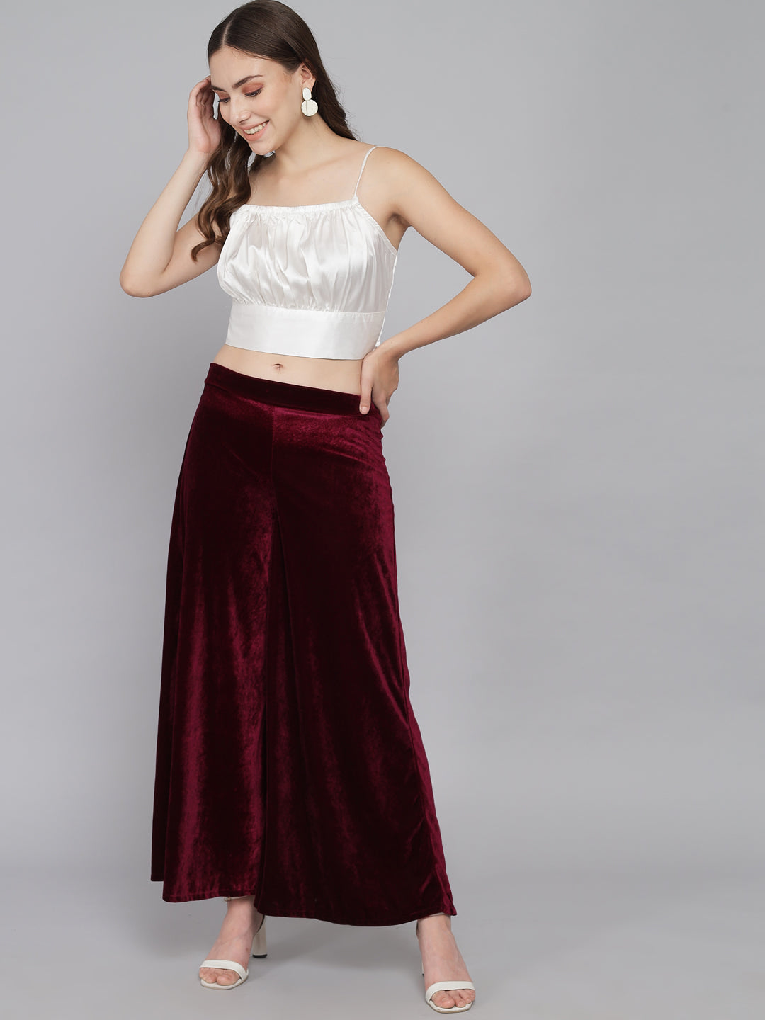 Wide Bottoms Stylish Palazzo Pants Party Trousers Wine