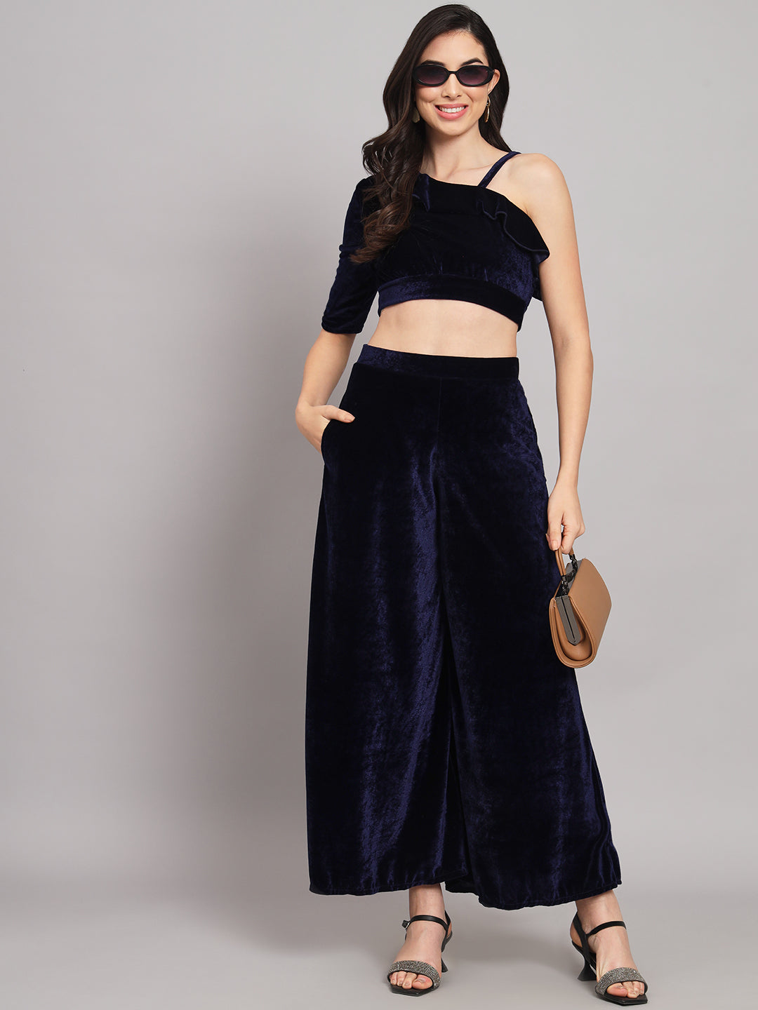 One Sleeve Crop Top with Palazzo Party Co-Ord Set Navy Blue