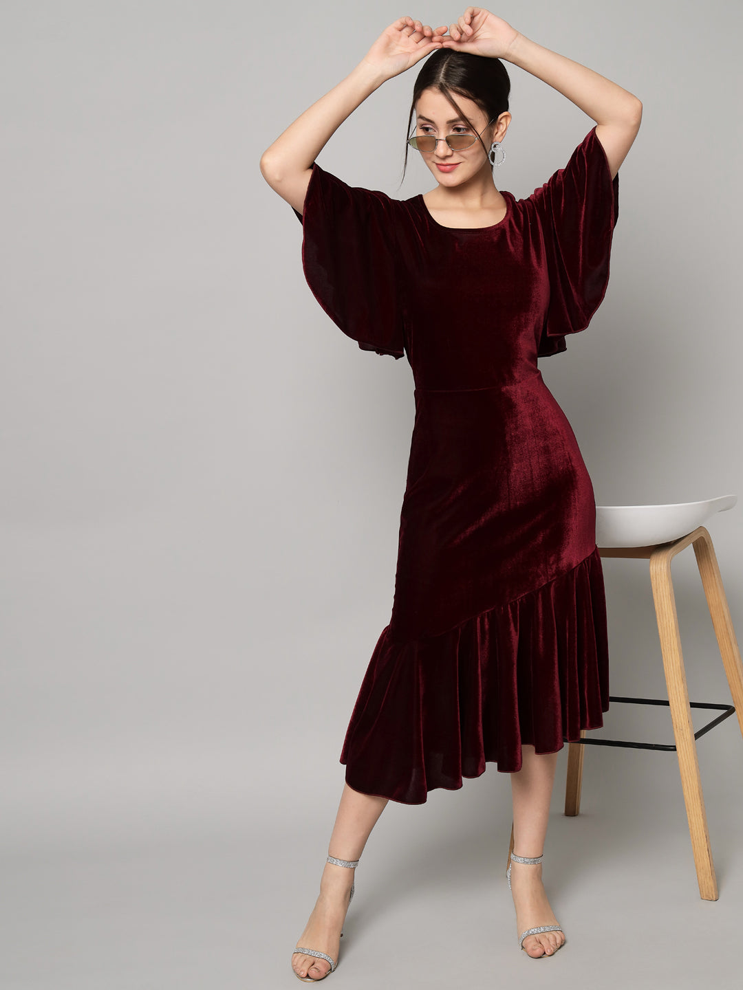 Ruffle Sleeves Fish Cut Velvet Party Dress Maroon