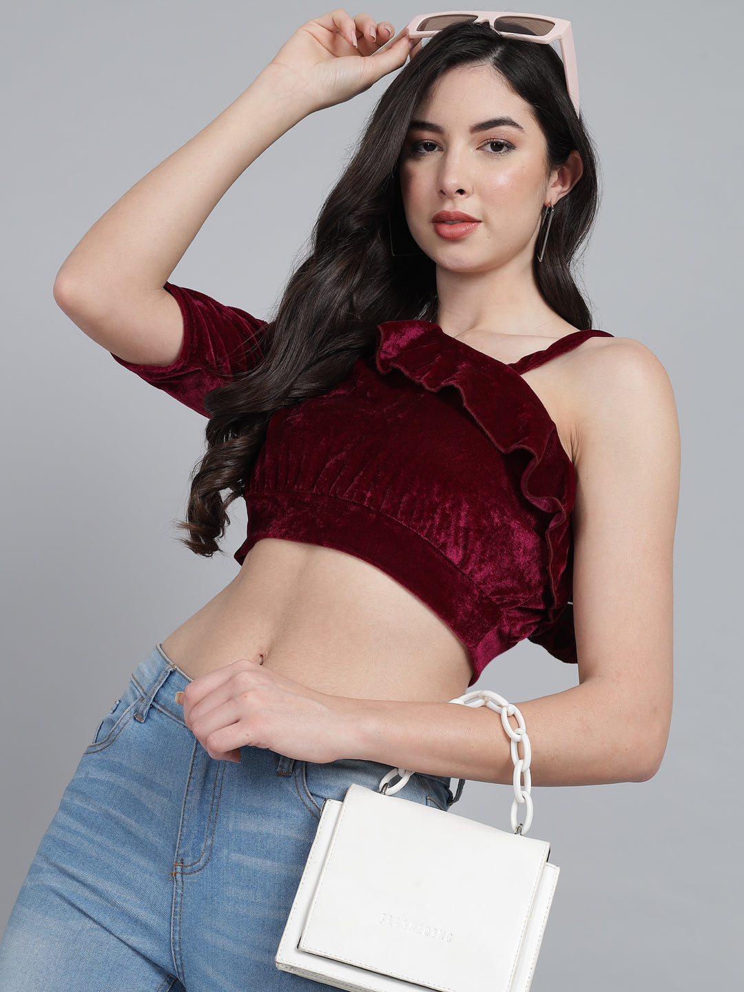 One Off Shoulder Ruffle Styling Blouse Tops Maroon