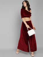 One Sleeve Crop Top with Palazzo Party Co-Ord Set Dark Maroon