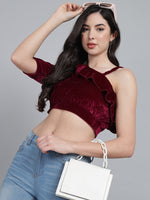 One Off Shoulder Ruffle Styling Blouse Tops Wine