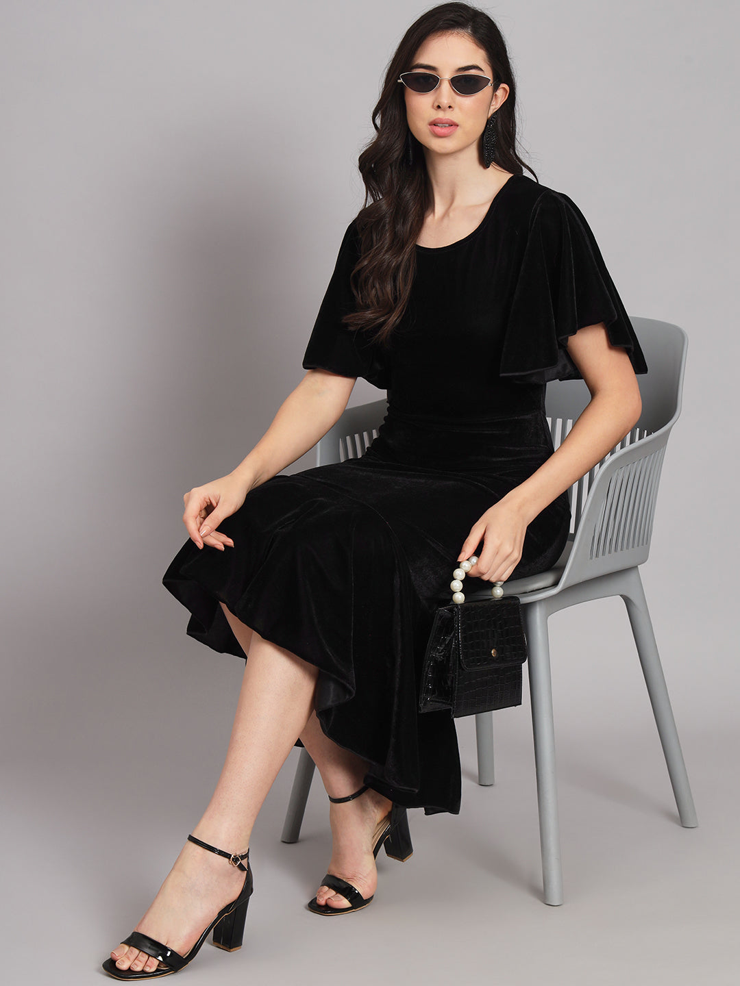 Women Flared Sleeves Velvet Drop-Waist Midi Dress With Ruffles Details