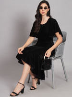 Women Flared Sleeves Velvet Drop-Waist Midi Dress With Ruffles Details