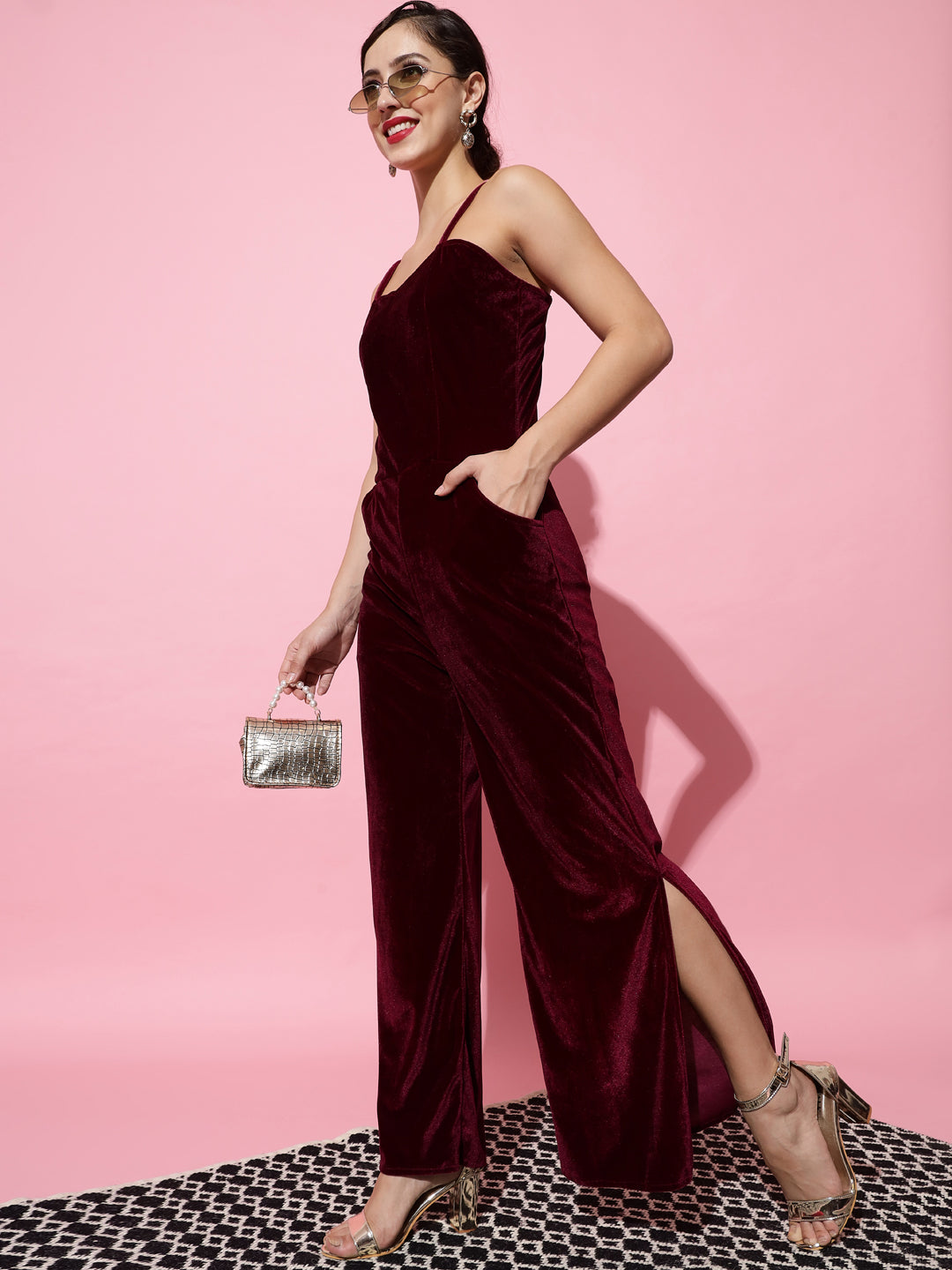 Shoulder Strapped Basic Velvet Jumpsuit