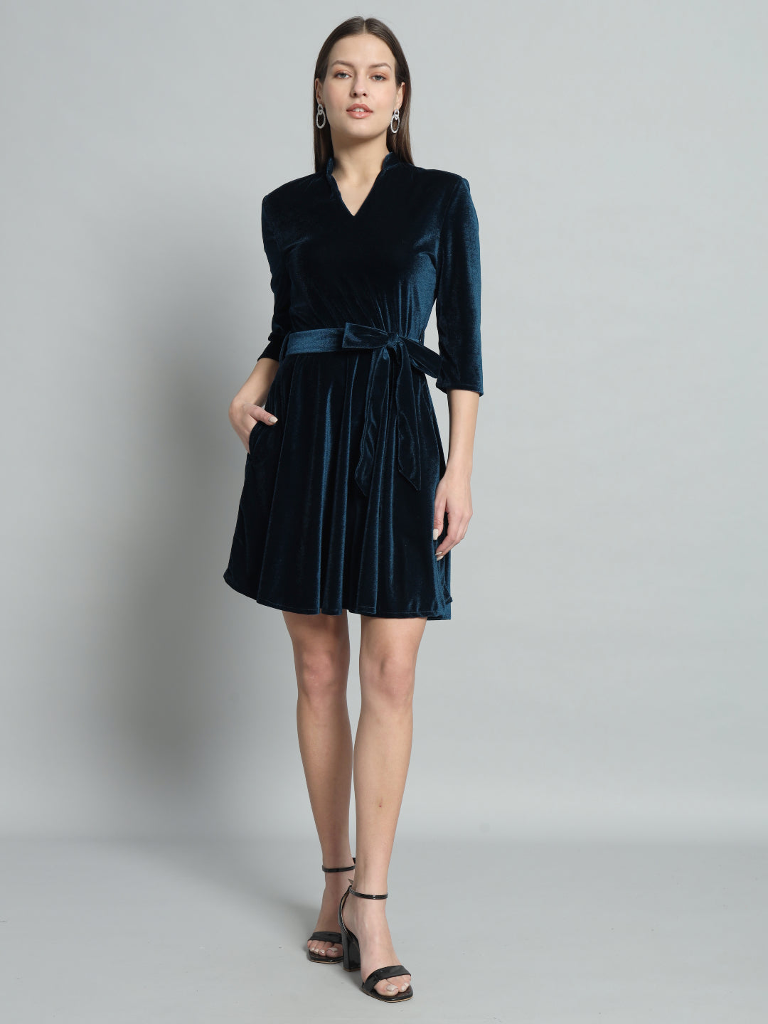 A-Line Quarter Sleeves V-Neck Party Dress Peacock Blue