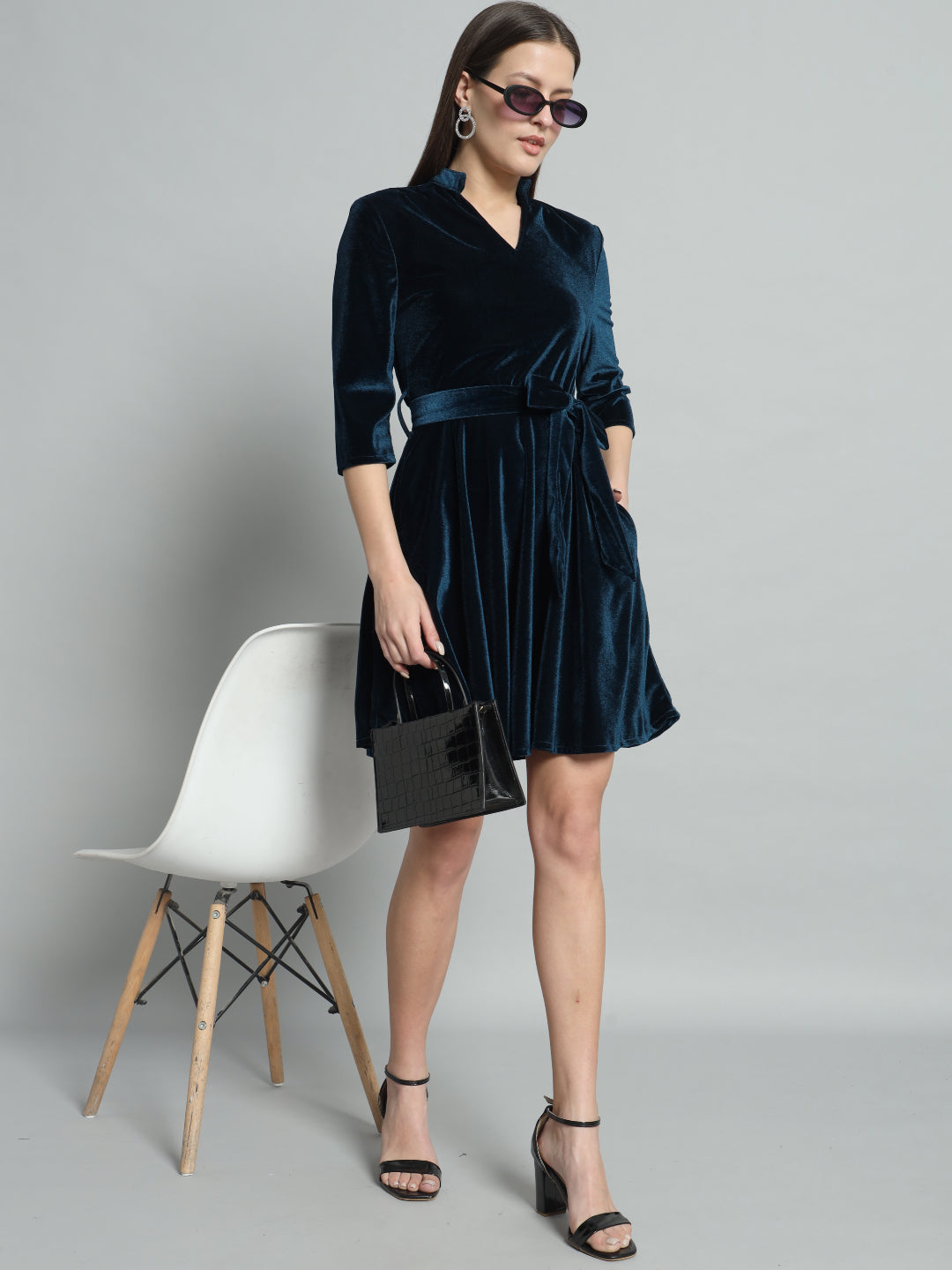 A-Line Quarter Sleeves V-Neck Party Dress Peacock Blue