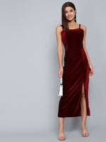 Maxi Sleeveless Velvet Square Neck Bodycon Dress Sporty Maroon