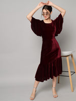 Velvet Fabric Fish Cut Ruffle Bottom Bodycon Party Midi Dress Maroon