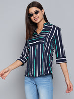 Crepe Multicolor Striped V-Neck Sleeves Stylish