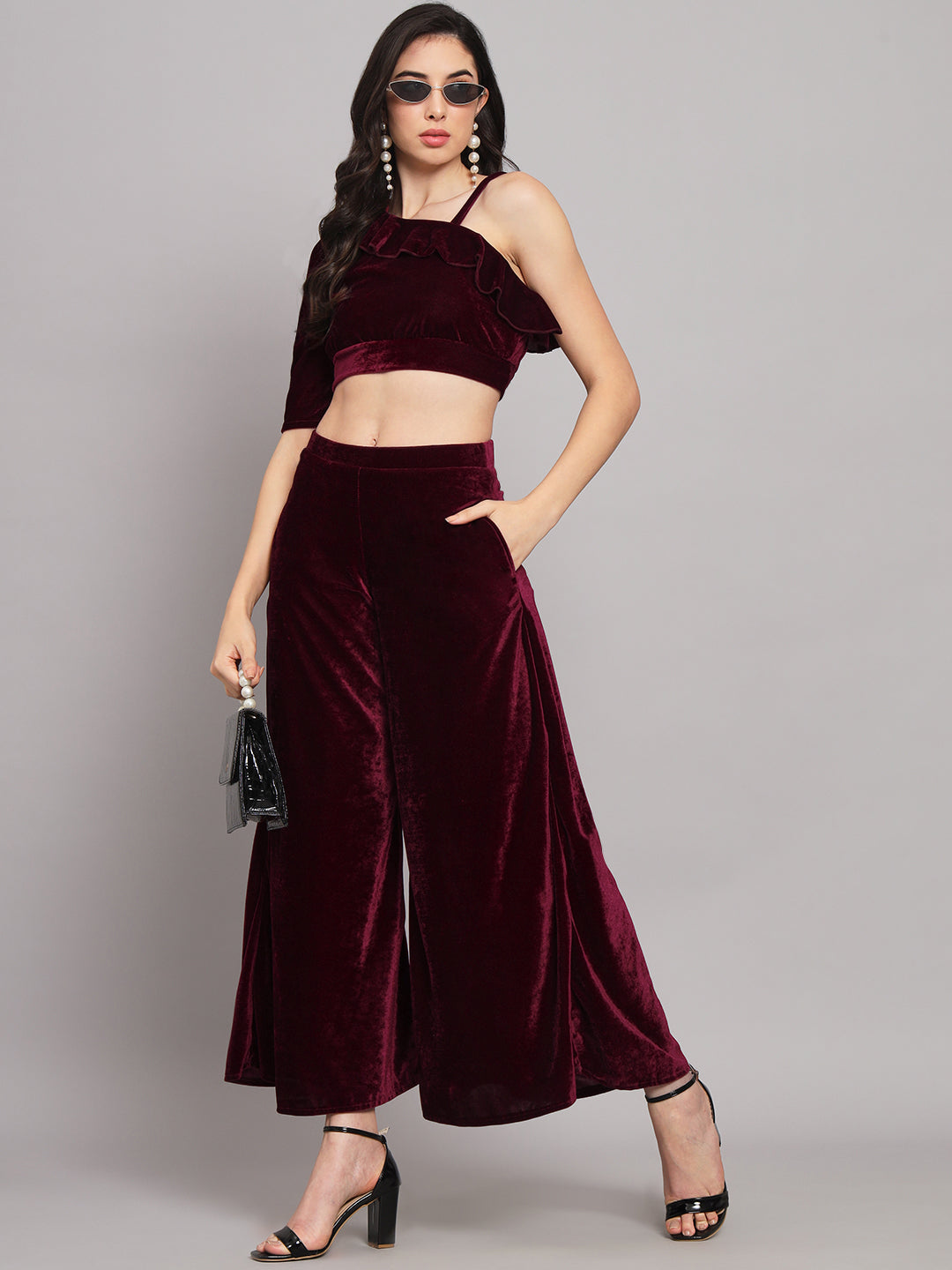 One Sleeve Crop Top with Palazzo Party Co-Ord Set Wine