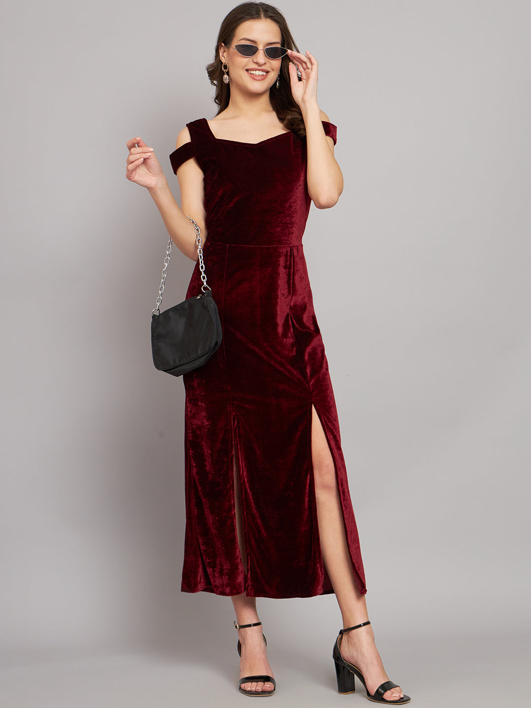 Maxi Style Cold Shoulder Bodycon Party Dress Maroon