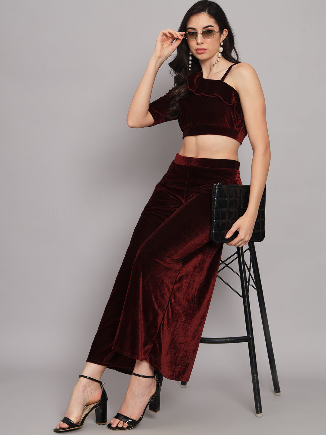 One Sleeve Crop Top with Palazzo Party Co-Ord Set Maroon