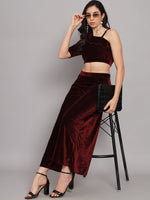 One Sleeve Crop Top with Palazzo Party Co-Ord Set Maroon