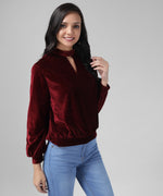 Keyhole Choker Neck Cuffed Sleeves Top Maroon