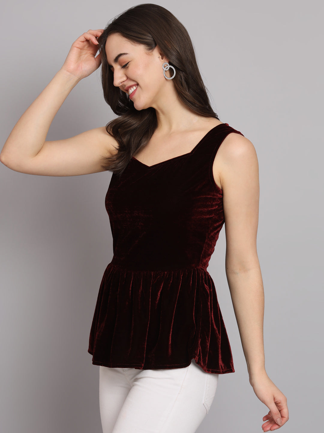 Waistline Ruffle Sleeveless Party Top Maroon