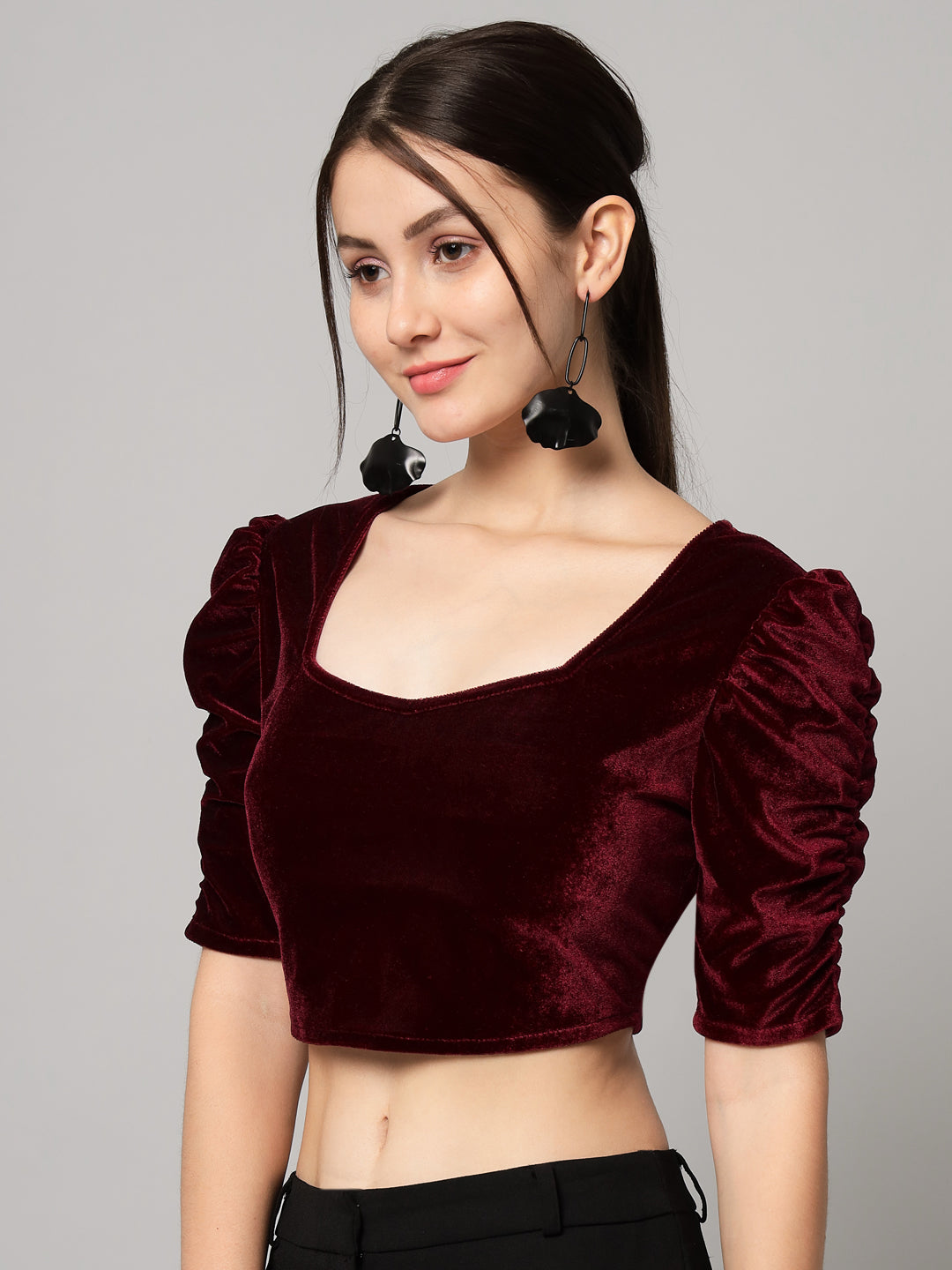 Puff Sleeves Velvet Blouse Tops Maroon