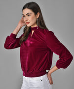 Keyhole Choker Neck Cuffed Sleeves Top Red Wine