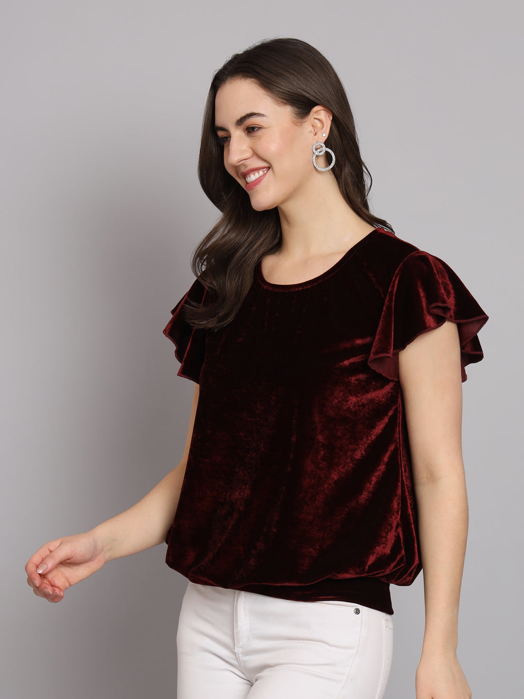 Short Sleeves Ruffles Stylish Party Top Maroon