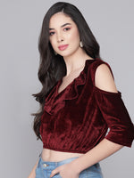 Cold Shoulder Sleeves Velvet Blouse Tops Maroon