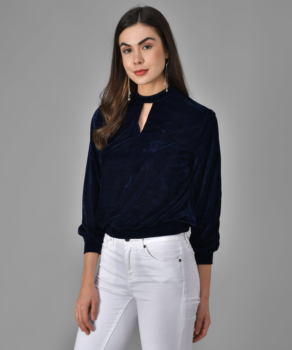 Keyhole Choker Neck Cuffed Sleeves Top Navy Blue