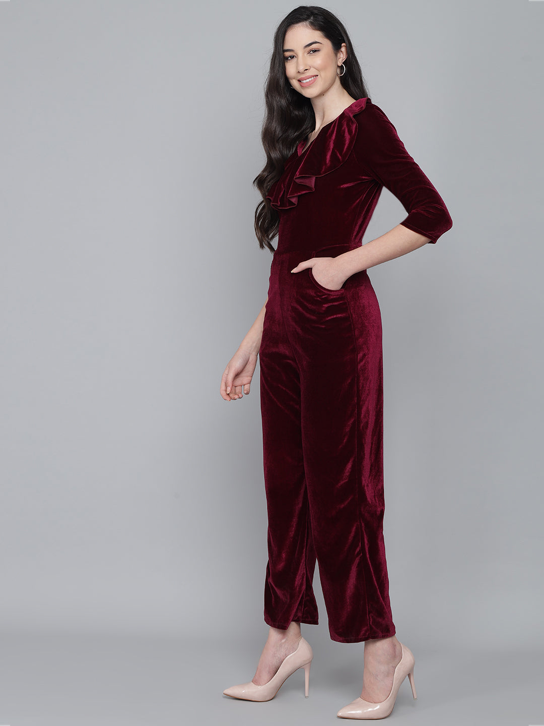 One Piece Half Sleeves Jumpsuit Wine