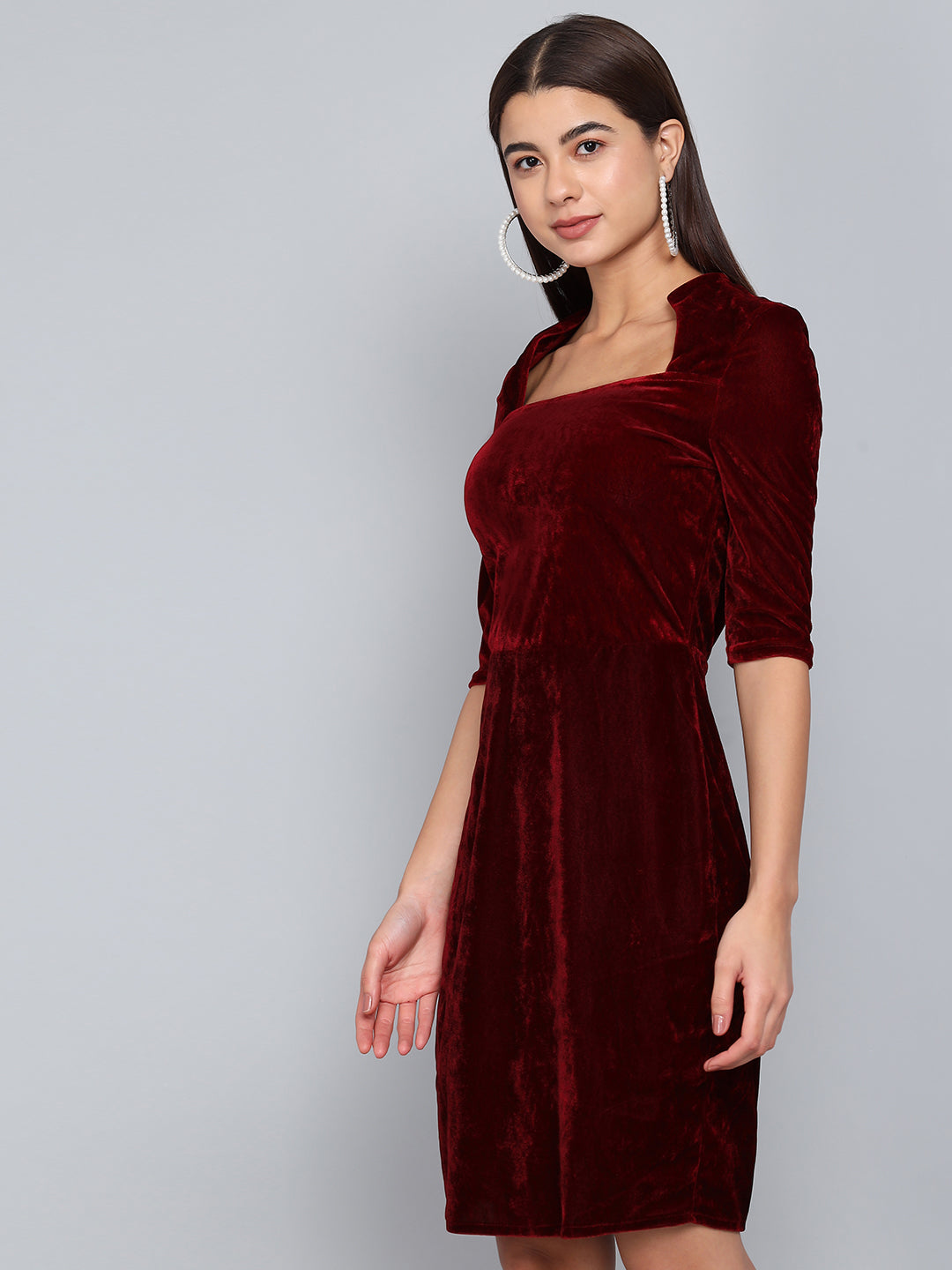 One Piece Bodycon Velvet Party Dress Sporty Maroon