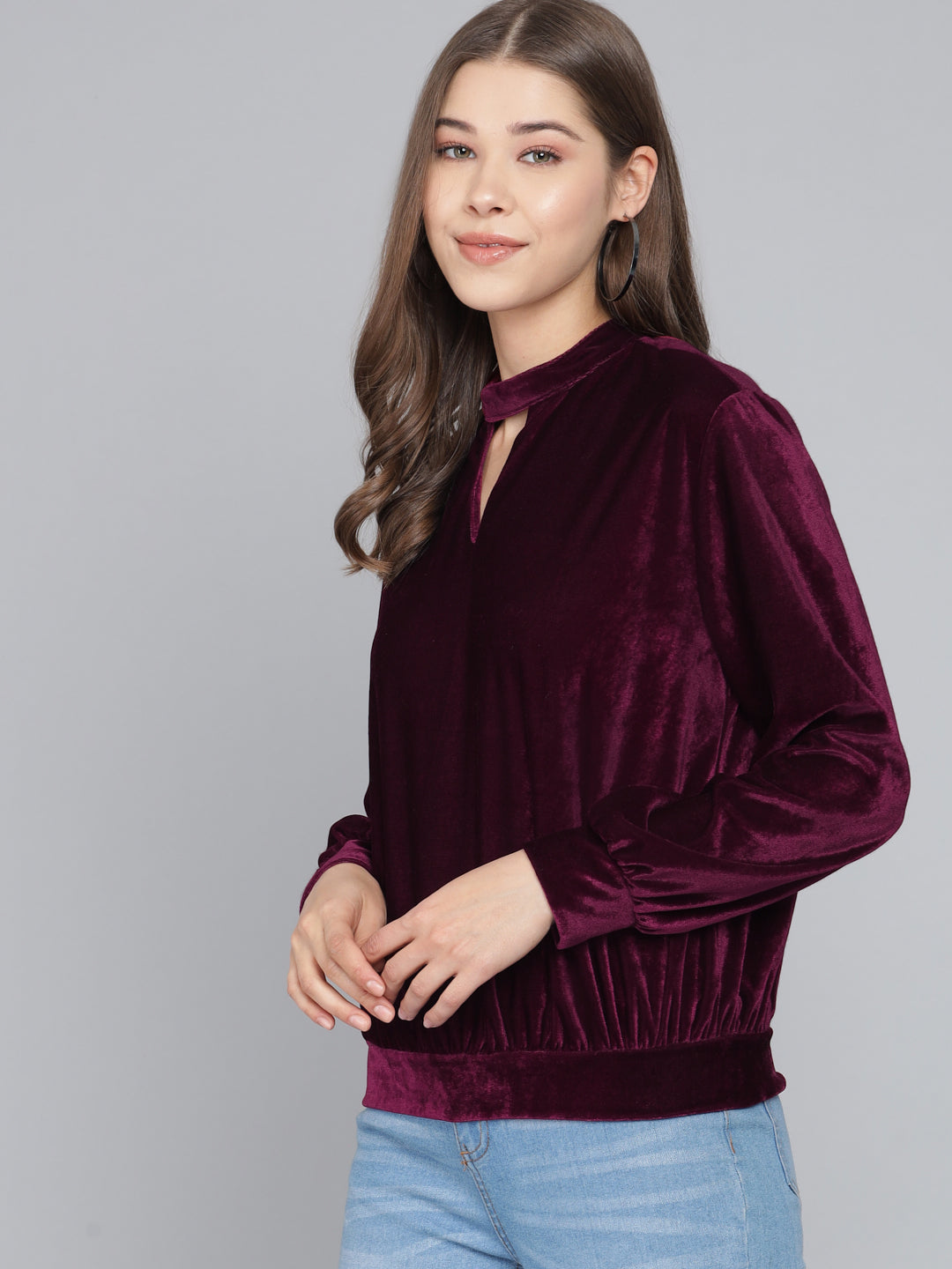 Keyhole Choker Neck Cuffed Sleeves Top Wine