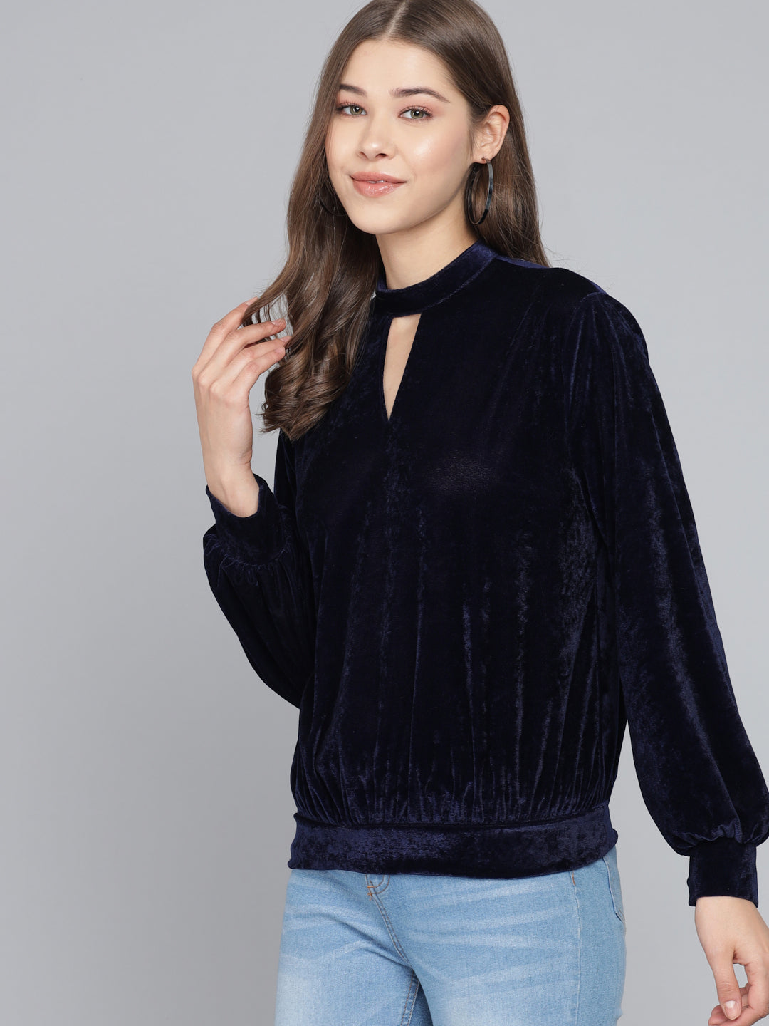 Keyhole Choker Neck Cuffed Sleeves Top Blue