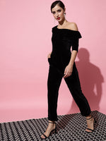 Ruffle Details One Piece One Shoulder Basic Jumpsuit Black