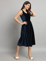 A-Line Velvet V-Neck Tops Sleeveless Party Dress Peacock Blue