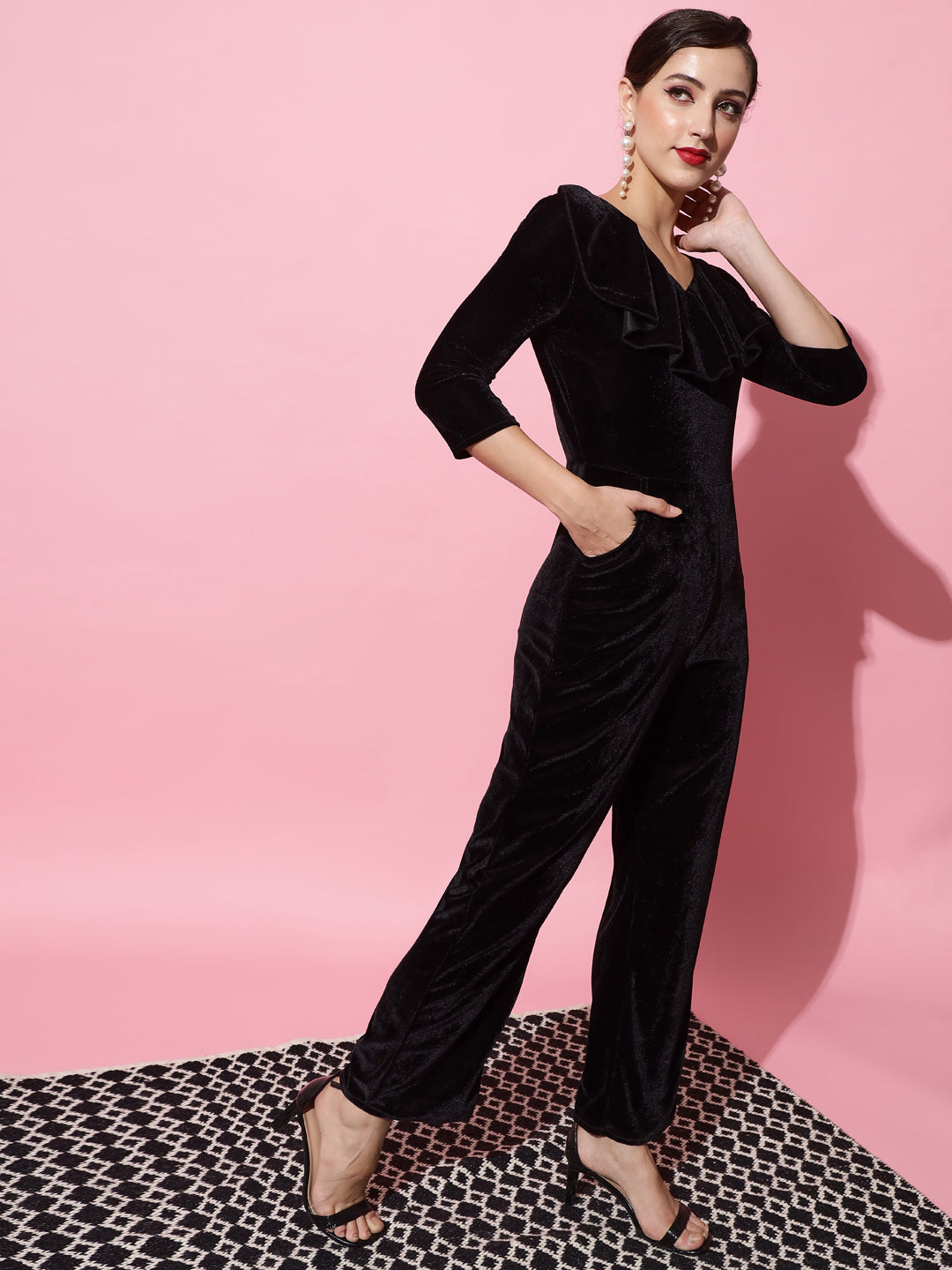 V-Neck Ruffles Details Basic Jumpsuit