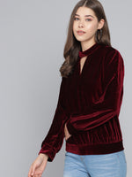 Keyhole Choker Neck Cuffed Sleeves Top Dark Maroon