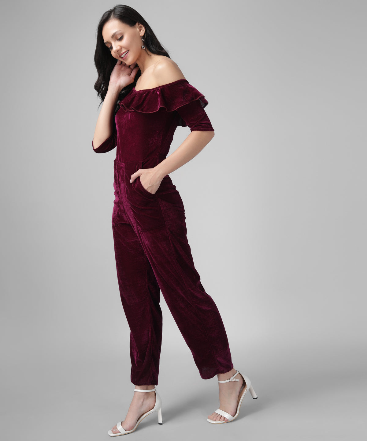 Ruffle Details One Piece One Shoulder Basic Jumpsuit Wine