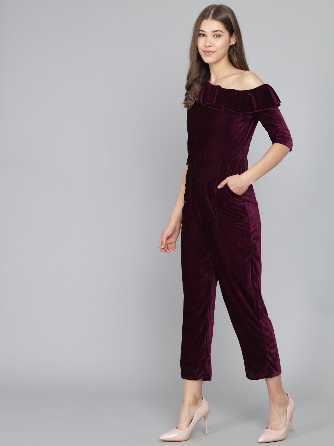 Ruffle Details One Piece One Shoulder Basic Jumpsuit Scarlet Wine