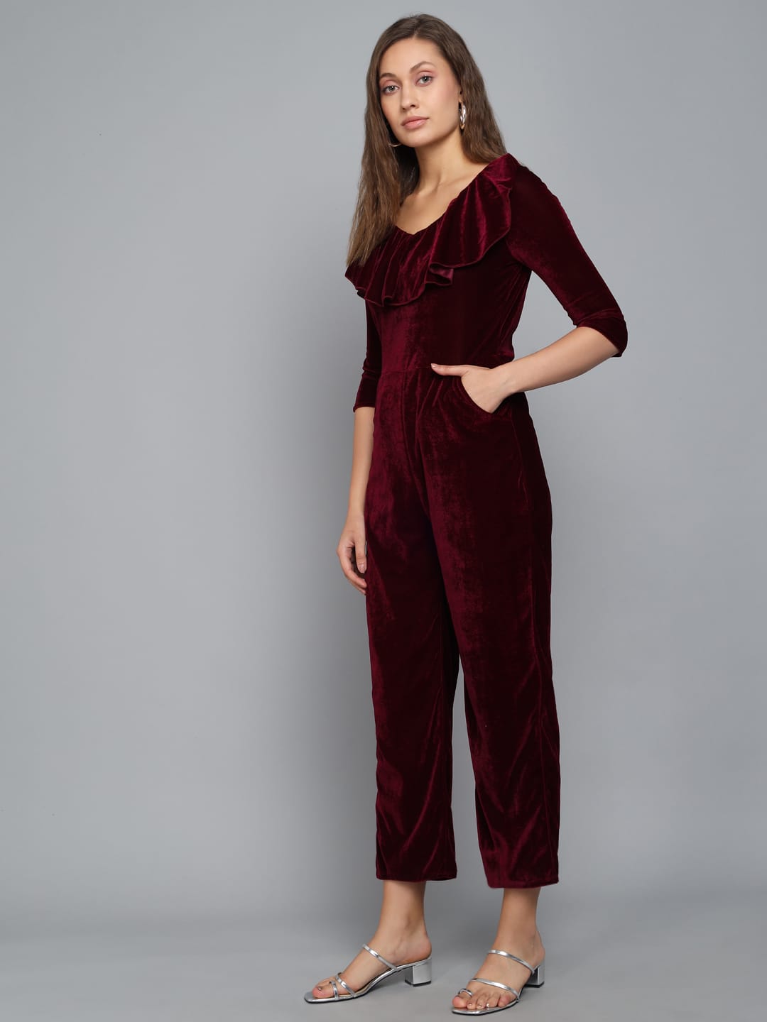 One Piece Half Sleeves Jumpsuit Dark Wine