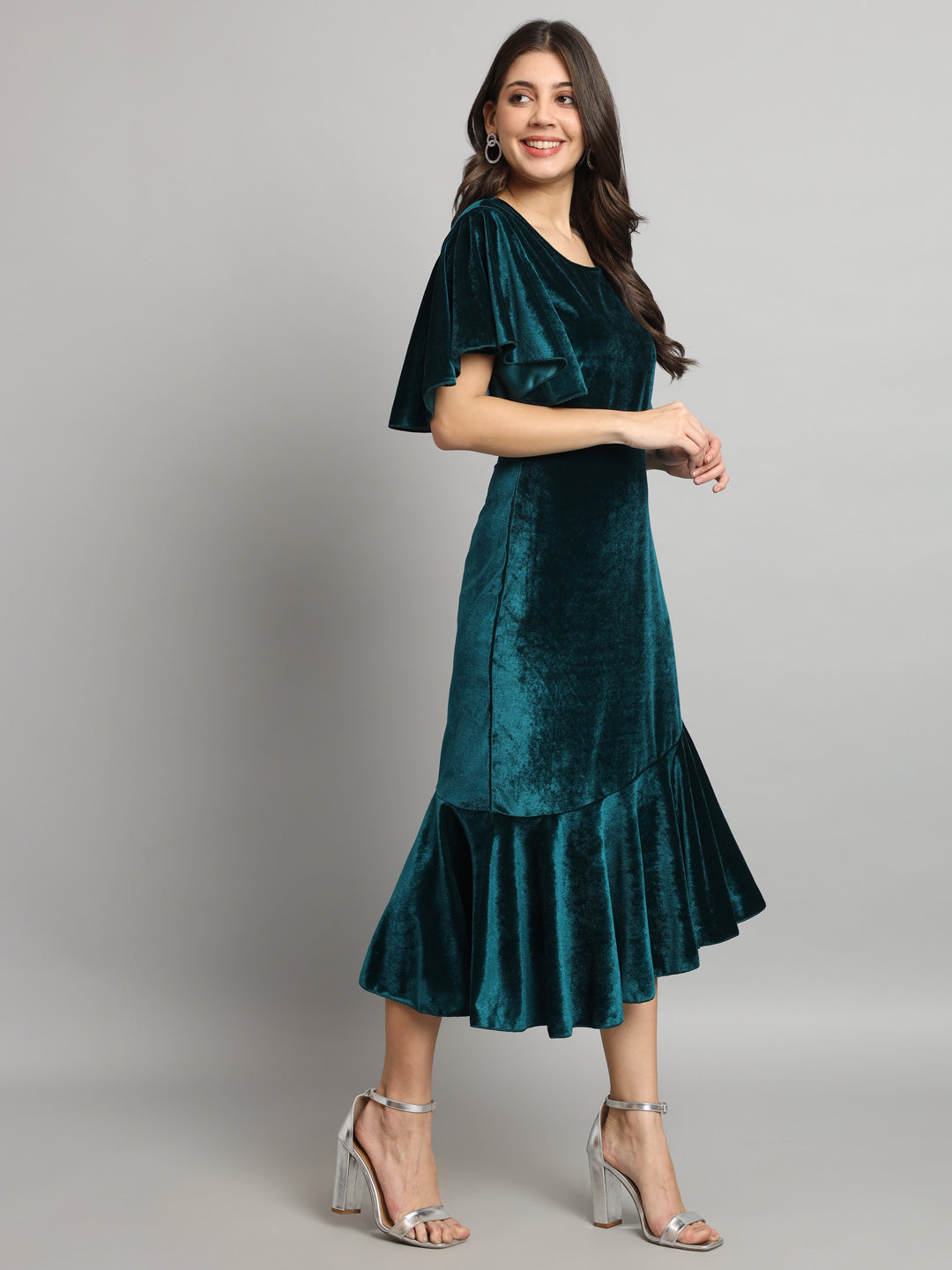 Ruffle Sleeves Fish Cut Velvet Party Dress Rama Green