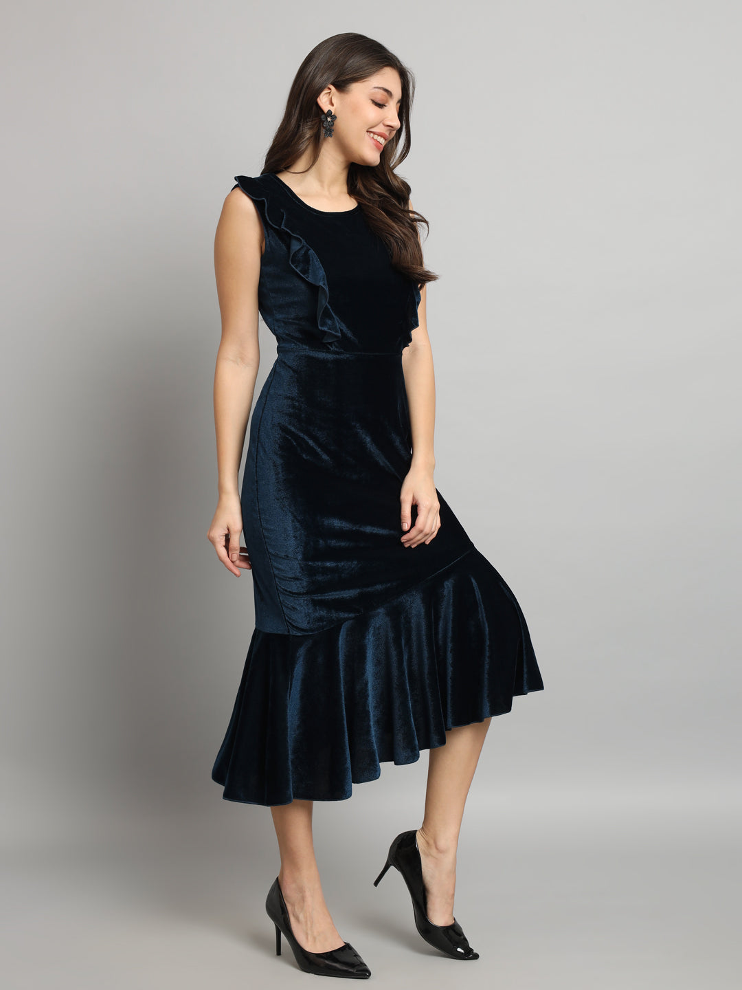 A-Line Ruffle Bottom Sleeveless Party Dress Peacock Blue