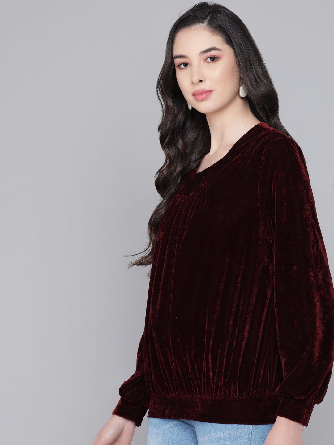 Round Neck Puff Sleeves Blouson Top Maroon