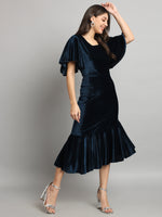 Ruffle Sleeves Fish Cut Velvet Party Dress Peacock Blue