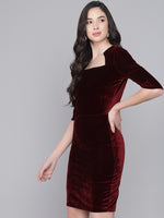 One Piece Bodycon Velvet Party Dress Maroon