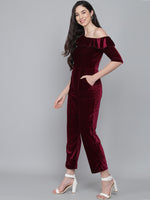 Ruffle Details One Piece One Shoulder Basic Jumpsuit Red Wine