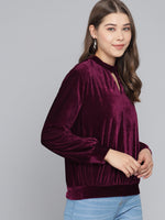 Keyhole Choker Neck Cuffed Sleeves Top Wine