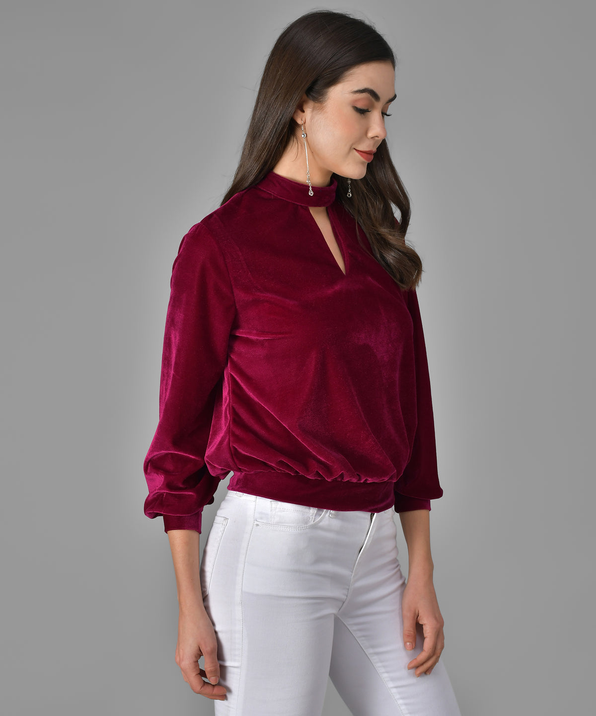 Keyhole Choker Neck Cuffed Sleeves Top Red Wine