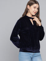 Keyhole Choker Neck Cuffed Sleeves Top Blue