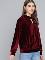 Keyhole Choker Neck Cuffed Sleeves Top Dark Maroon