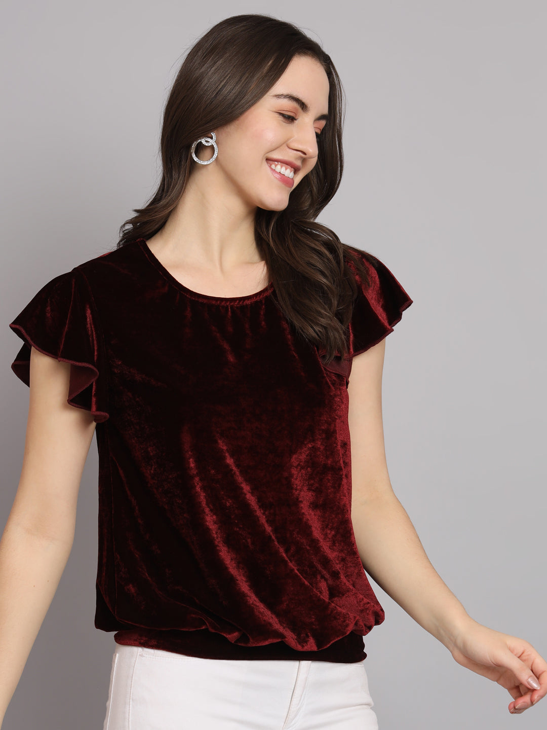 Short Sleeves Ruffles Stylish Party Top Maroon