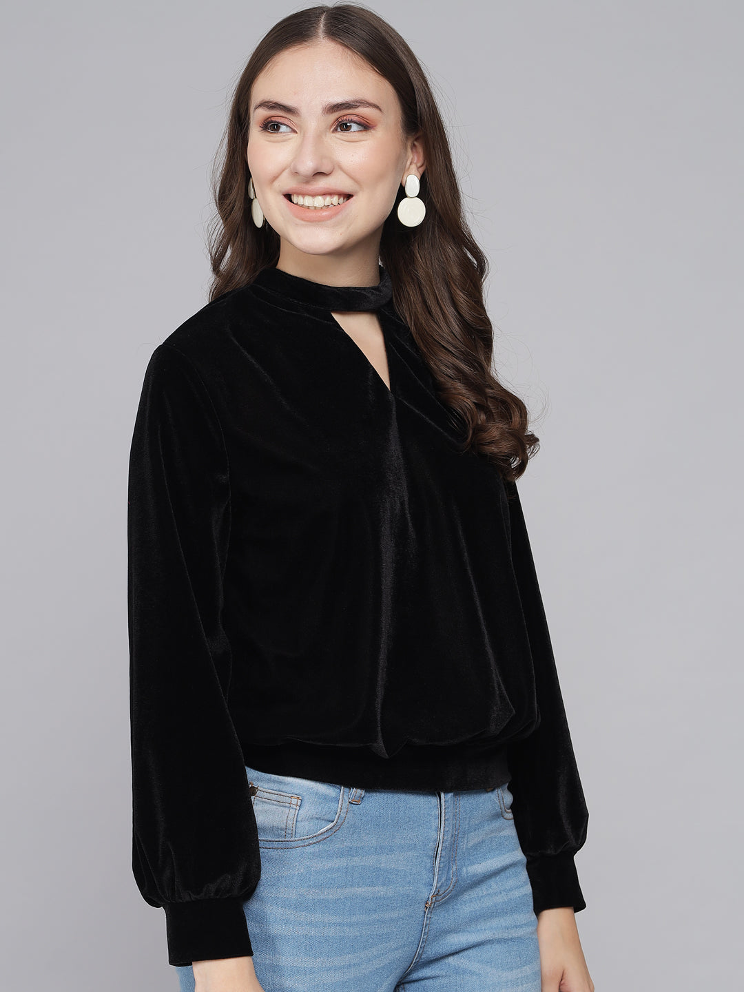 Keyhole Choker Neck Cuffed Sleeves Top Black